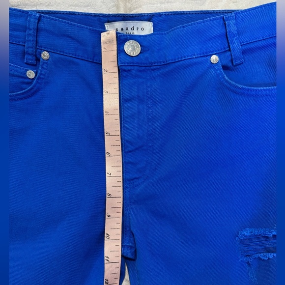SANDRO Paris distressed Royal blue jeans straight cut high rise crop - Picture 7 of 8